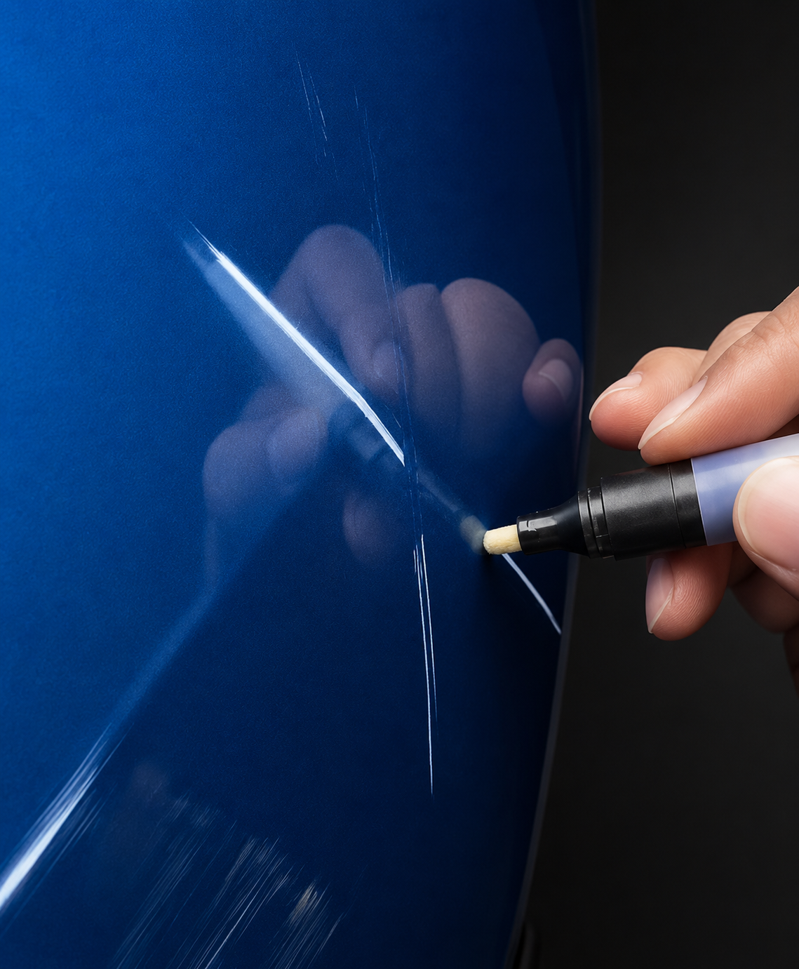 Pointe du stylo appliquée sur une rayure d'une carrosserie bleue