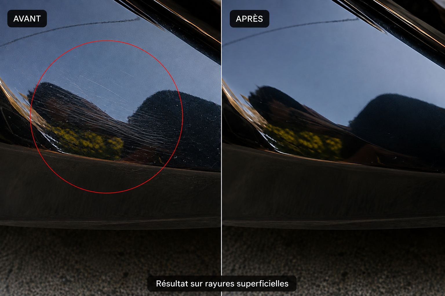 Comparaison avant et après traitement de rayures superficielles sur une carrosserie noire