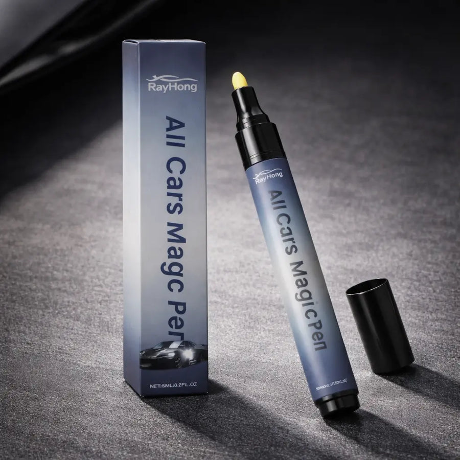 Stylo efface rayures avec sa boîte présenté sous un angle premium