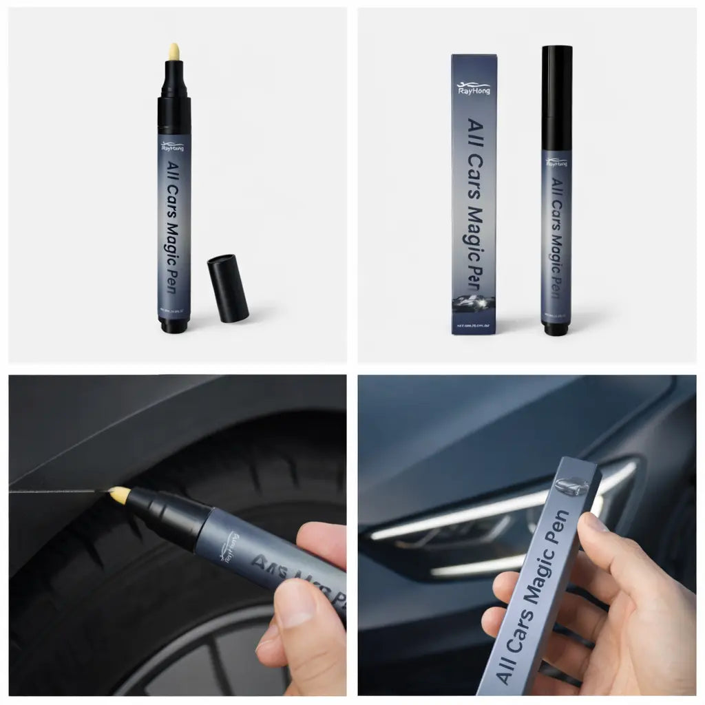 Aperçu du stylo efface rayures montrant le produit, la pointe et son utilisation