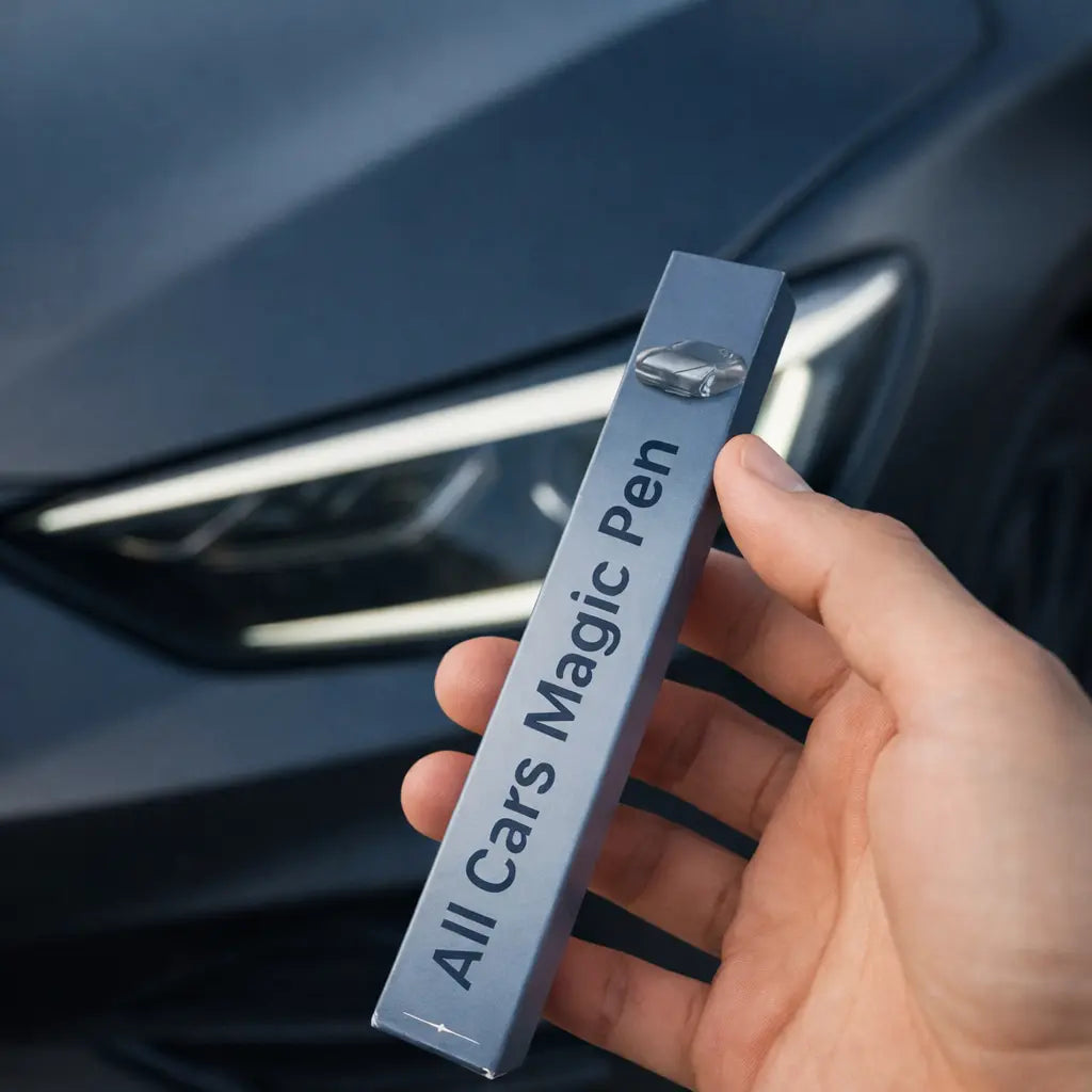 Stylo efface rayures tenu à la main devant une voiture